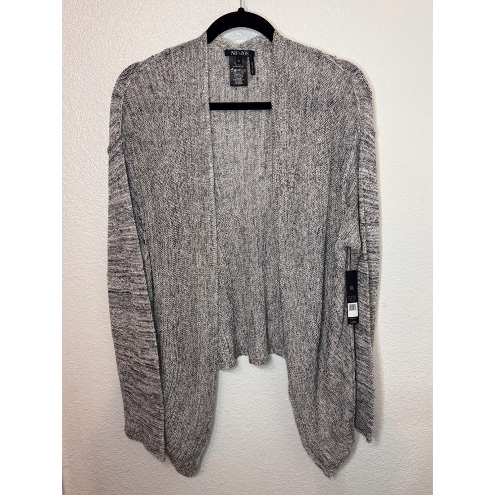 NIC+ZOE Linen Blend Cardigan XL Gray Open Front Knit Sweater Coastal Grandma
